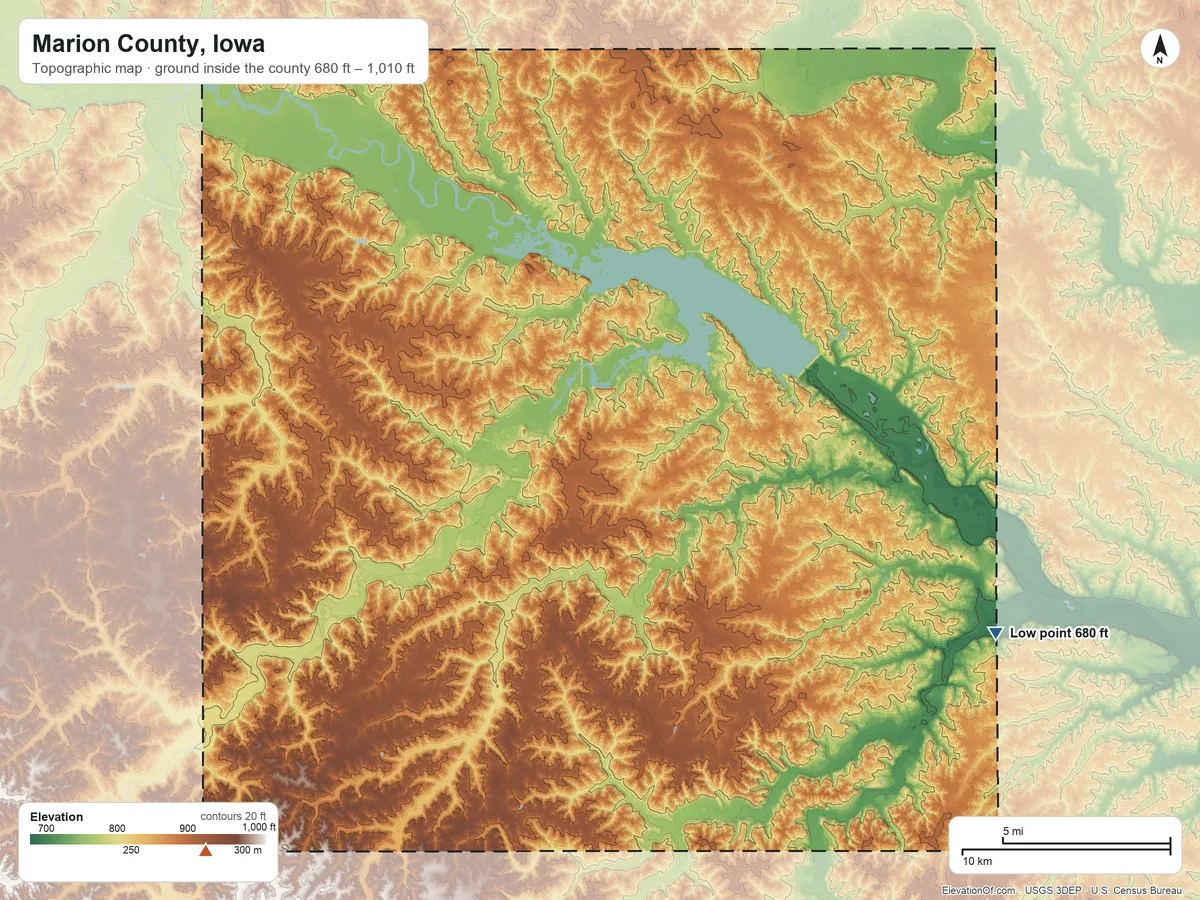 Topographic elevation map of Marion County, Iowa, shaded from 680 ft on the southeast side to 1,010 ft on the southwest side