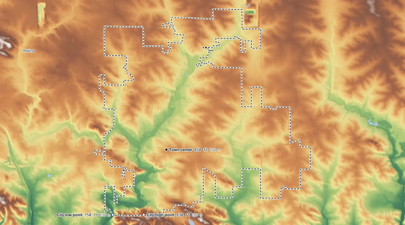 Topographic elevation map of Marion, Iowa, shaded from 750 ft on the southwest side to 930 ft on the south side