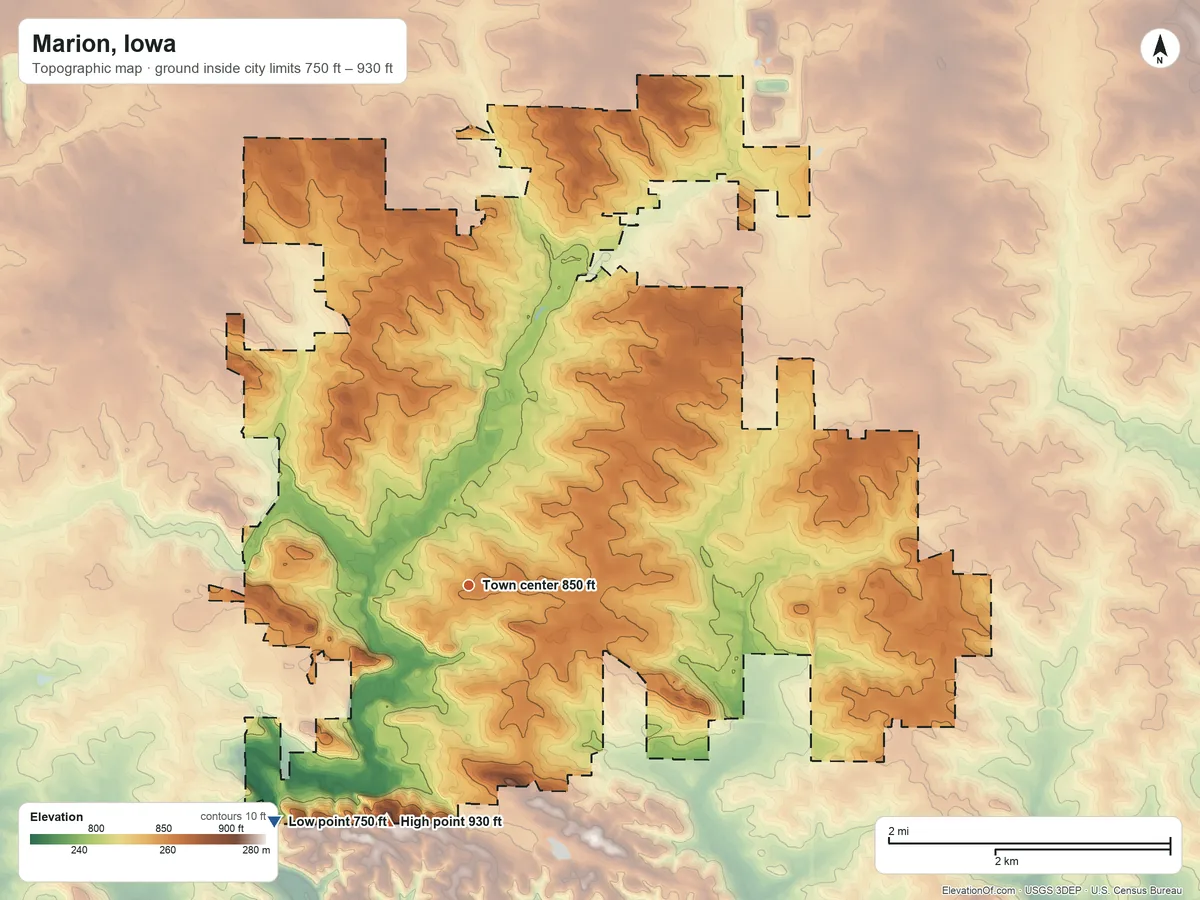 Topographic elevation map of Marion, Iowa, shaded from 750 ft on the southwest side to 930 ft on the south side