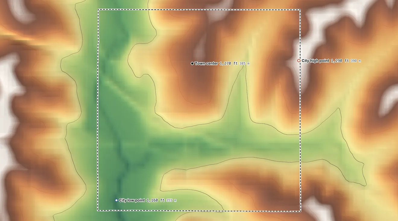 Topographic elevation map of Marne, Iowa, shaded from 1,160 ft on the southwest side to 1,290 ft on the east side