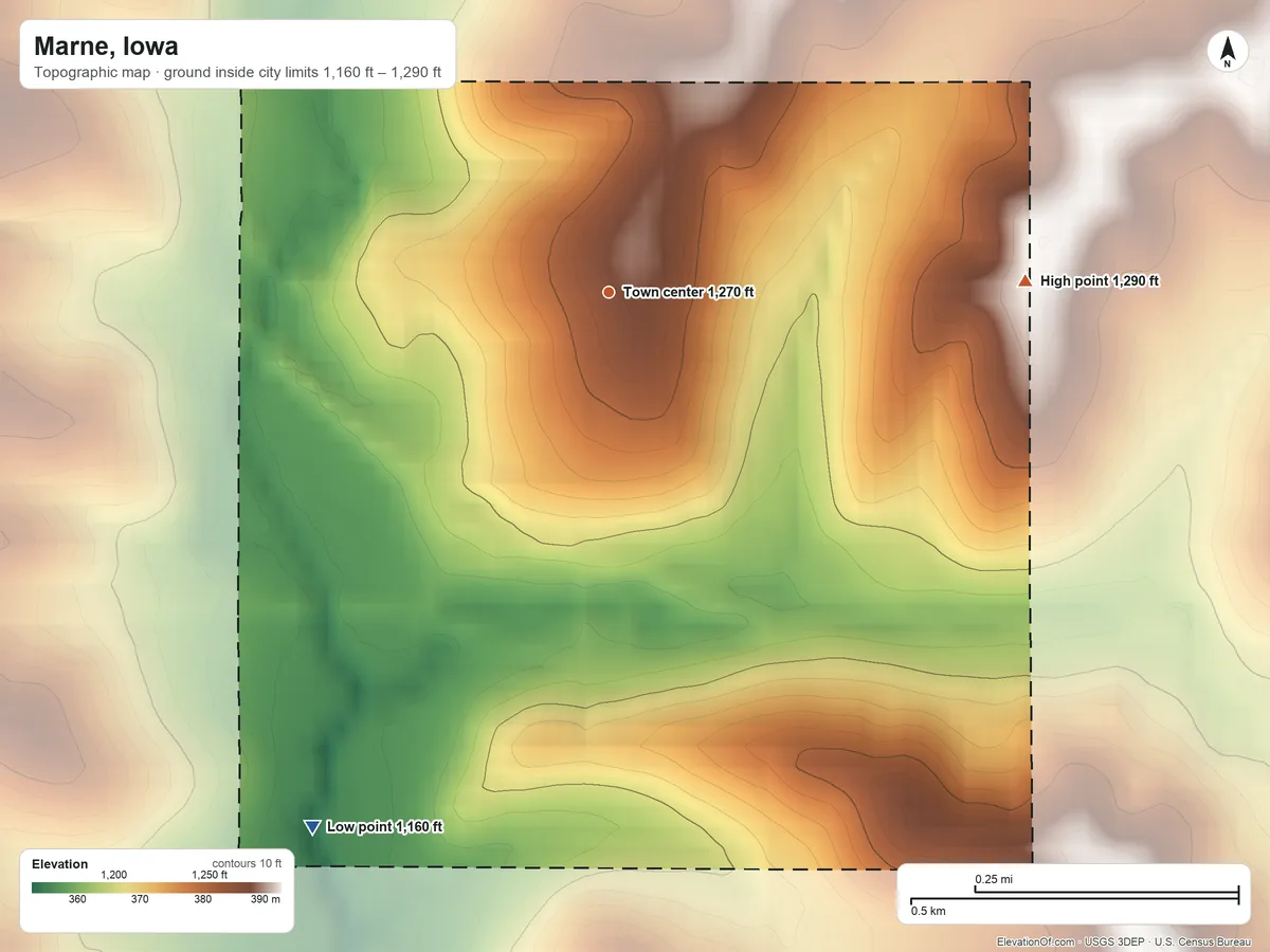 Topographic elevation map of Marne, Iowa, shaded from 1,160 ft on the southwest side to 1,290 ft on the east side