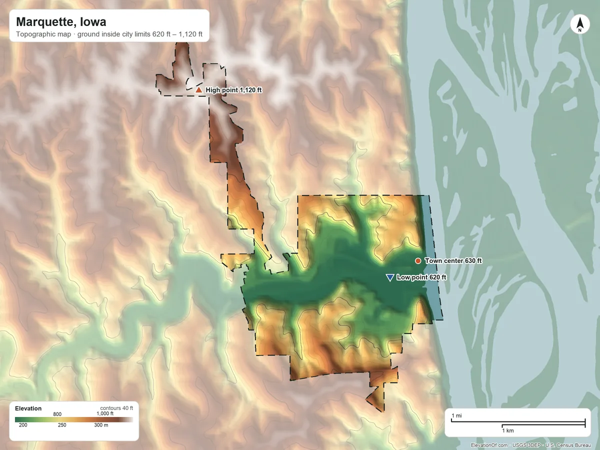 Topographic elevation map of Marquette, Iowa, shaded from 620 ft near the middle to 1,120 ft on the northwest side