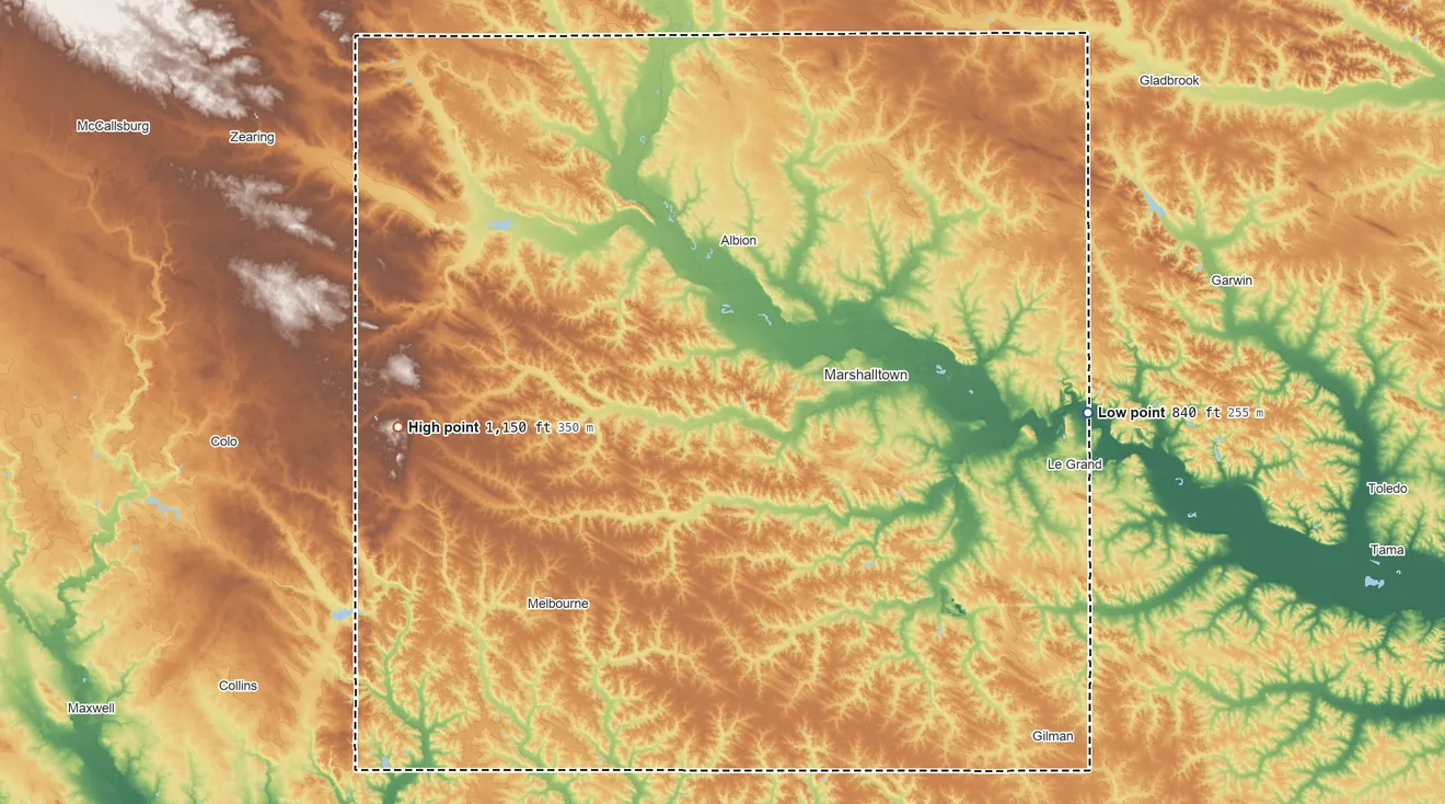 Topographic elevation map of Marshall County, Iowa, shaded from 840 ft on the east side to 1,150 ft on the west side