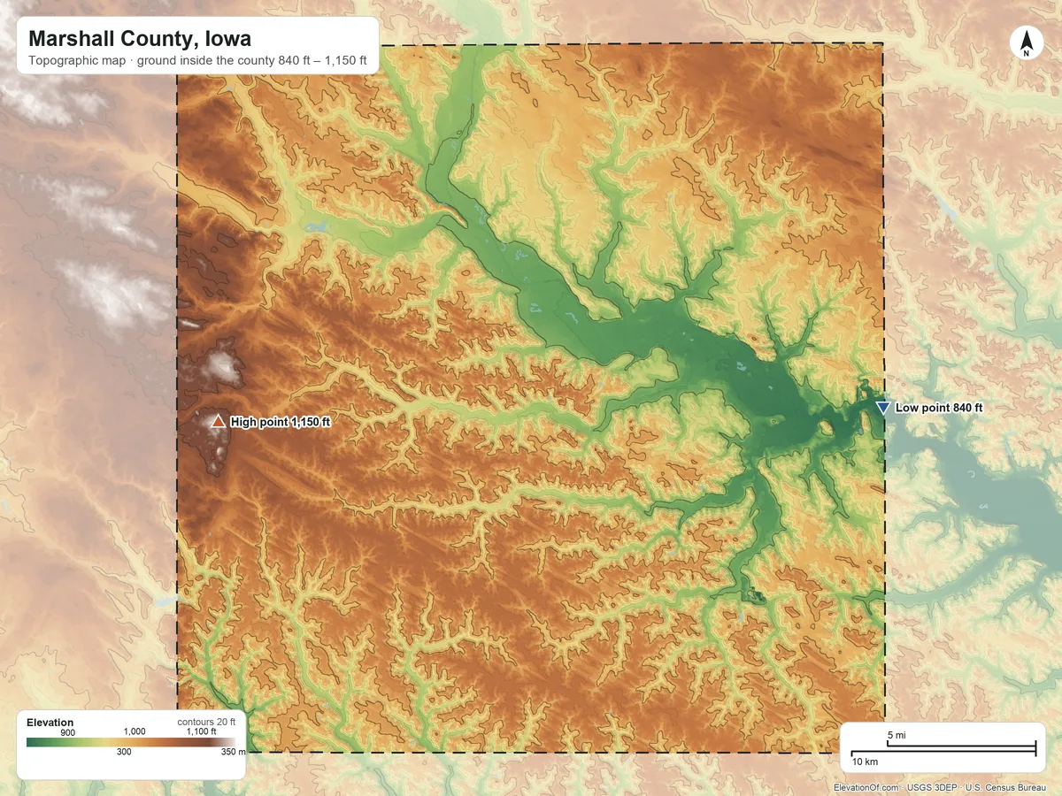 Topographic elevation map of Marshall County, Iowa, shaded from 840 ft on the east side to 1,150 ft on the west side