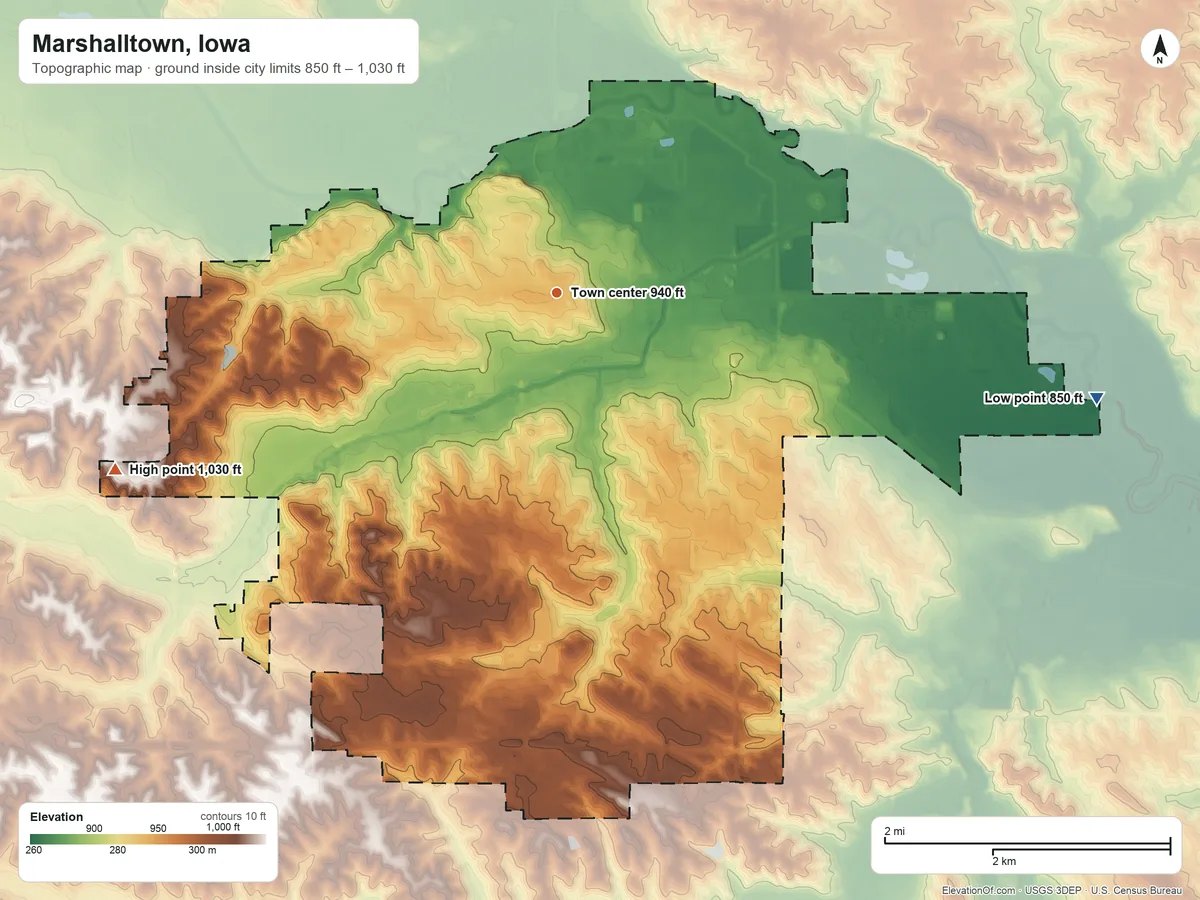 Topographic elevation map of Marshalltown, Iowa, shaded from 850 ft on the east side to 1,030 ft on the west side