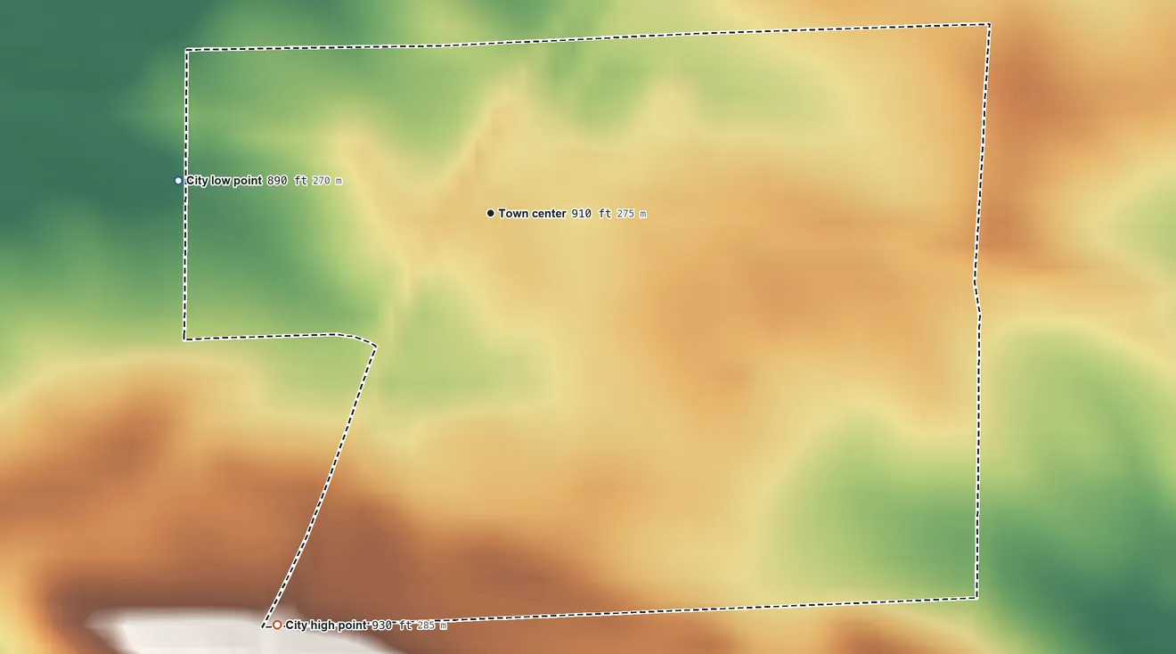 Topographic elevation map of Martelle, Iowa, shaded from 890 ft on the west side to 930 ft on the southwest side