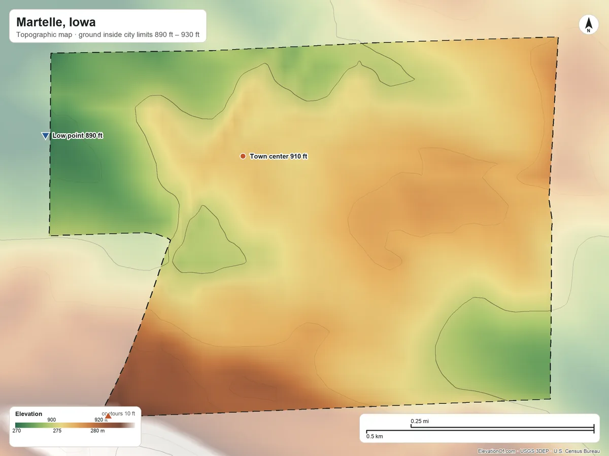 Topographic elevation map of Martelle, Iowa, shaded from 890 ft on the west side to 930 ft on the southwest side