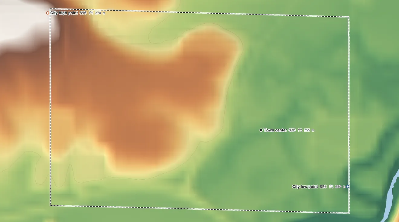 Topographic elevation map of Martensdale, Iowa, shaded from 820 ft on the southeast side to 890 ft on the northwest side