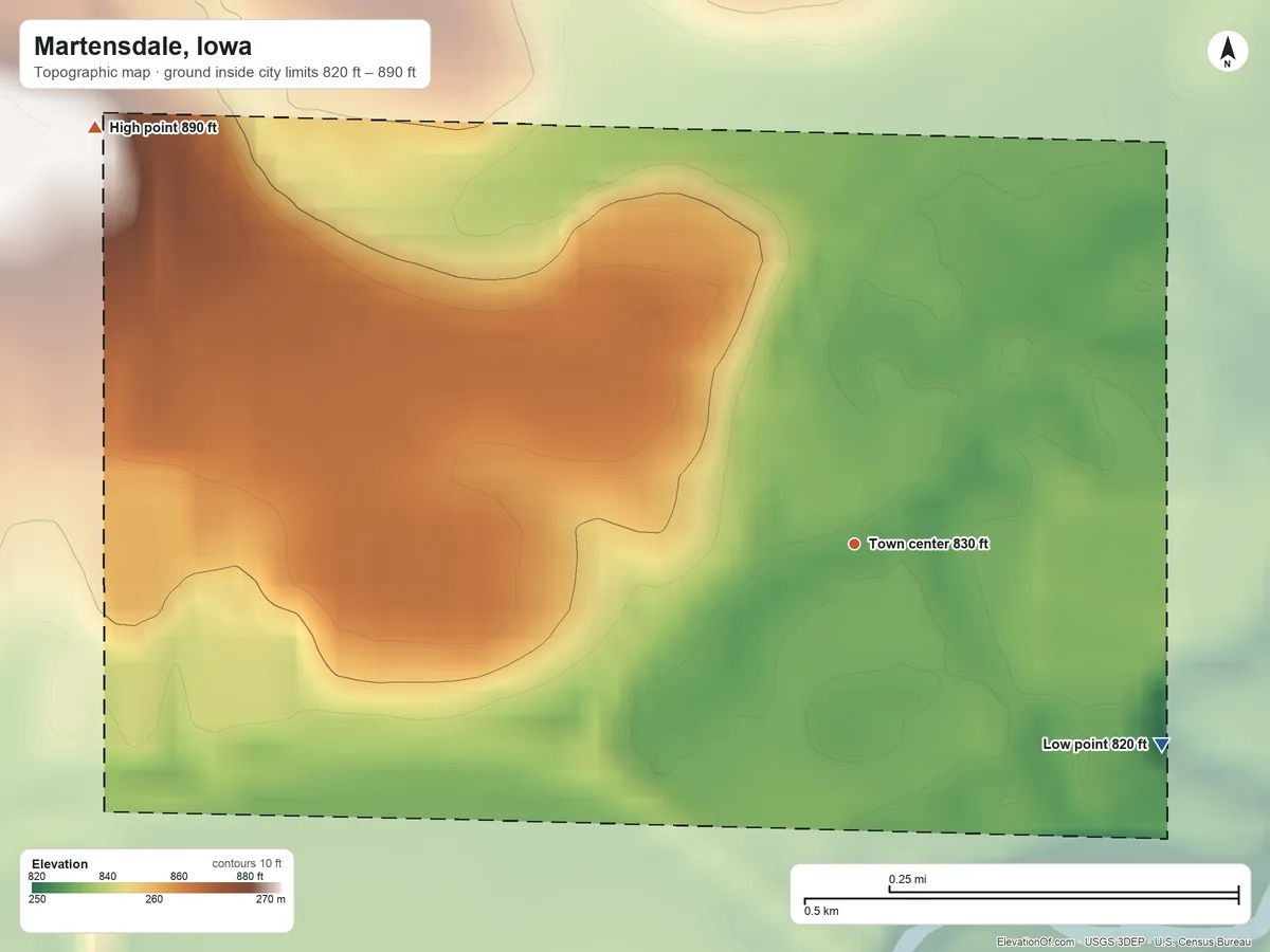 Topographic elevation map of Martensdale, Iowa, shaded from 820 ft on the southeast side to 890 ft on the northwest side