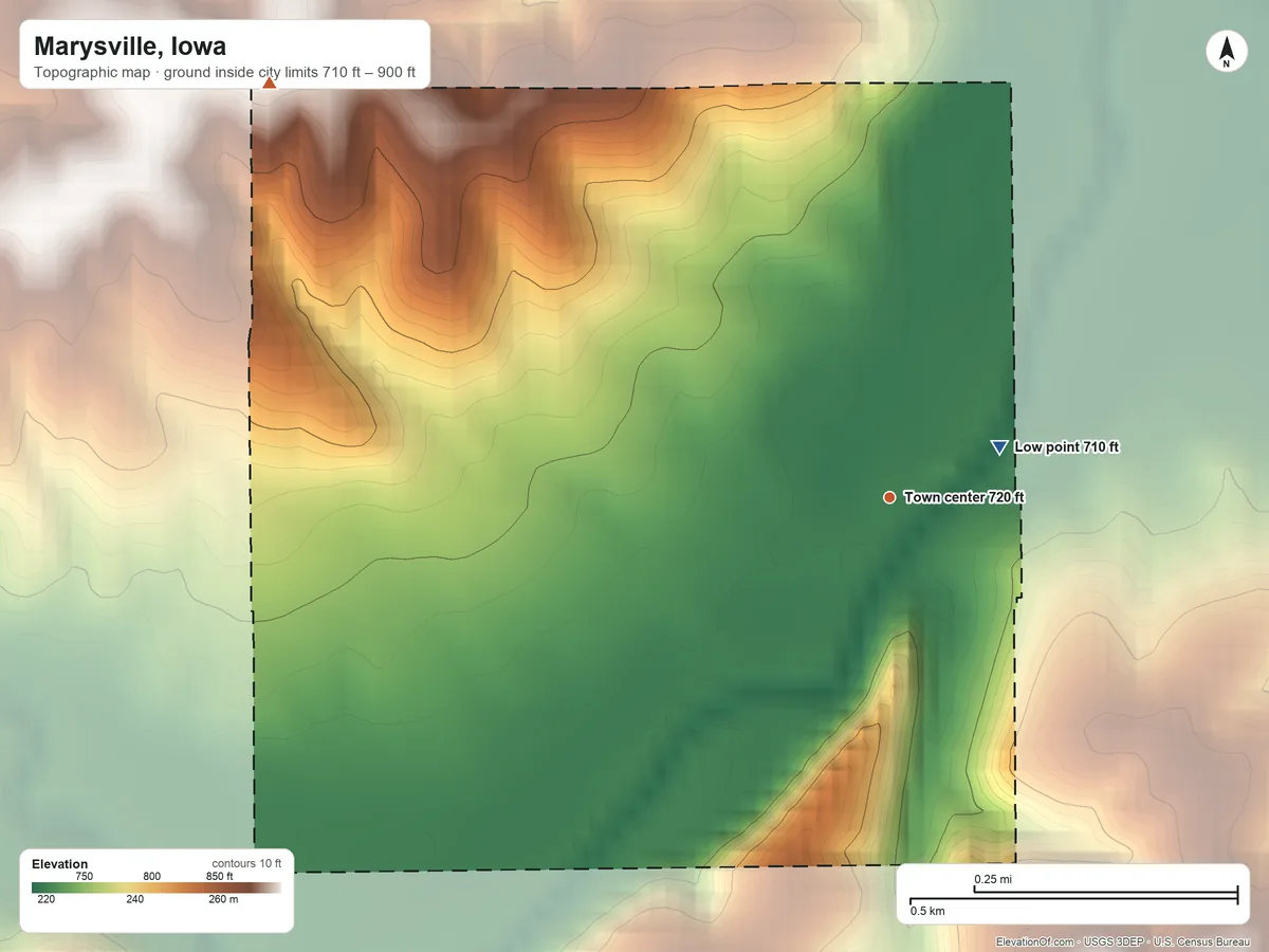 Topographic elevation map of Marysville, Iowa, shaded from 710 ft on the northeast side to 900 ft on the northwest side