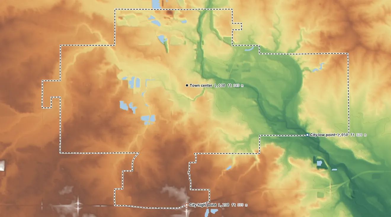 Topographic elevation map of Mason City, Iowa, shaded from 1,050 ft on the east side to 1,230 ft on the south side