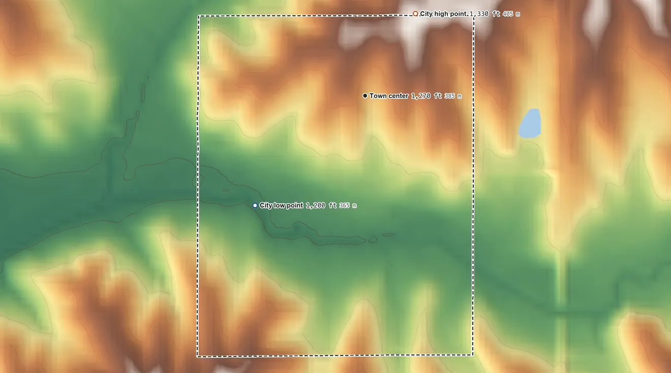 Topographic elevation map of Massena, Iowa, shaded from 1,200 ft on the southwest side to 1,330 ft on the northeast side