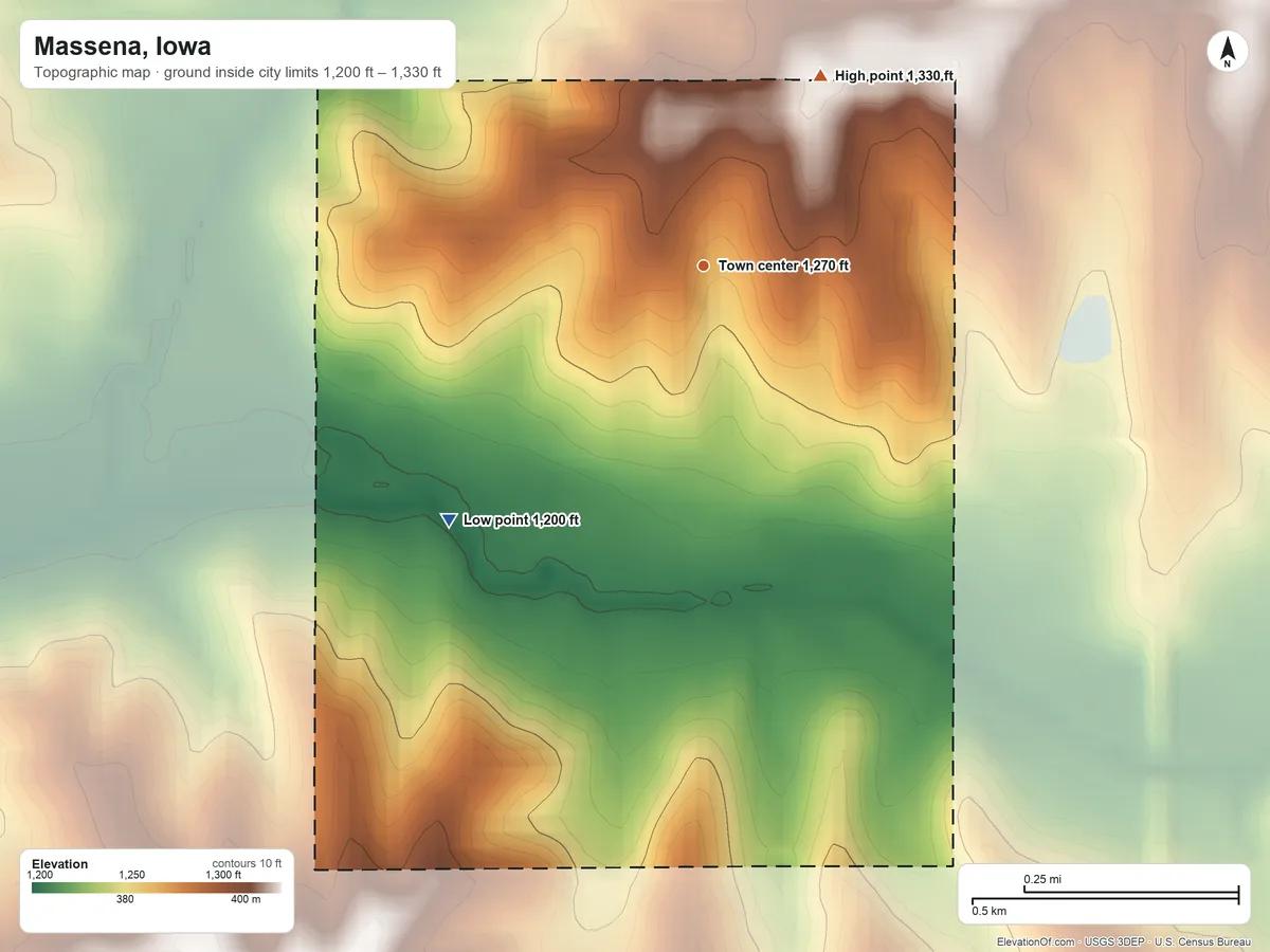 Topographic elevation map of Massena, Iowa, shaded from 1,200 ft on the southwest side to 1,330 ft on the northeast side