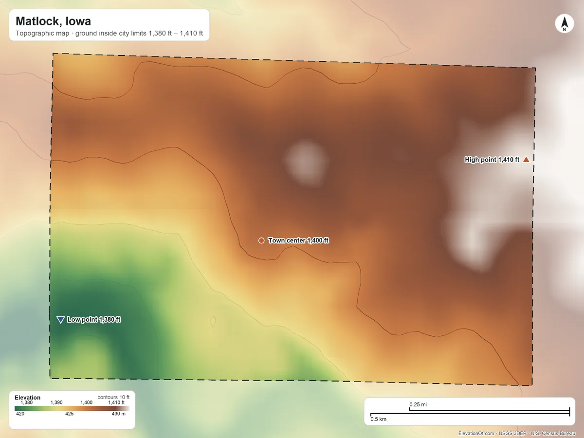 Topographic elevation map of Matlock, Iowa, shaded from 1,380 ft on the west side to 1,410 ft on the east side