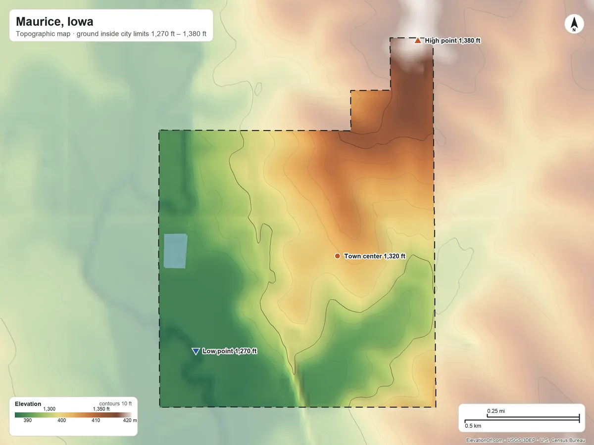 Topographic elevation map of Maurice, Iowa, shaded from 1,270 ft on the southwest side to 1,380 ft on the north side