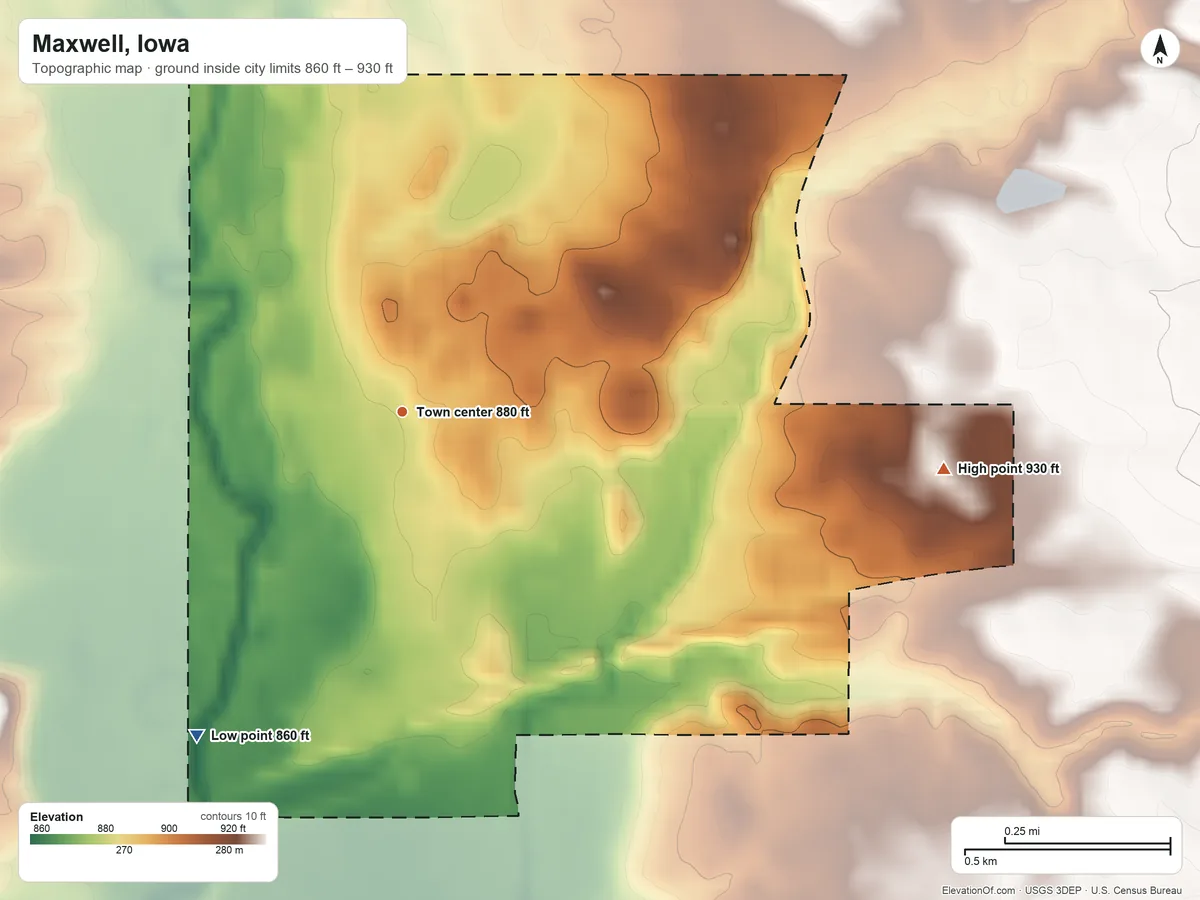Topographic elevation map of Maxwell, Iowa, shaded from 860 ft on the southwest side to 930 ft on the east side