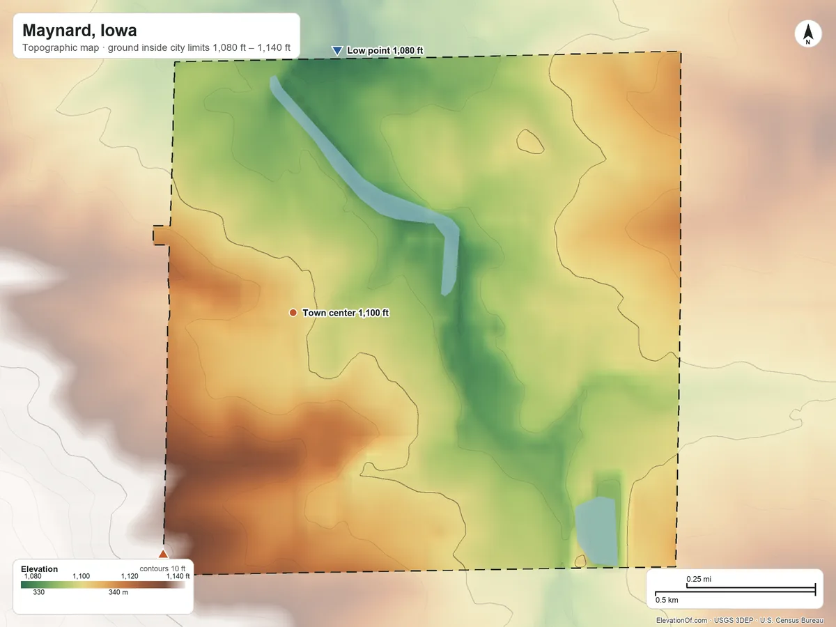Topographic elevation map of Maynard, Iowa, shaded from 1,080 ft on the north side to 1,140 ft on the southwest side