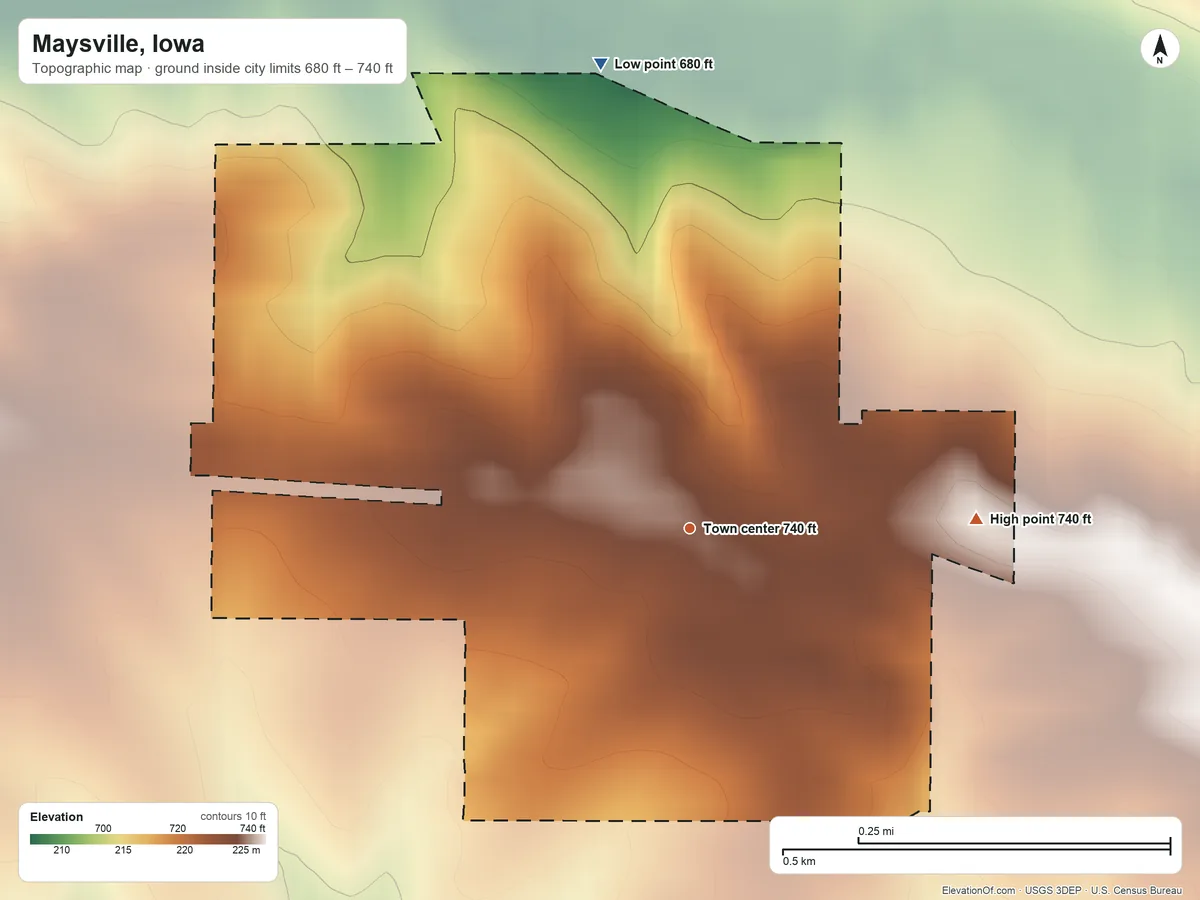 Topographic elevation map of Maysville, Iowa, shaded from 680 ft on the north side to 740 ft on the east side