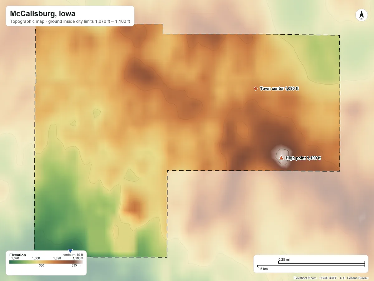 Topographic elevation map of McCallsburg, Iowa, shaded from 1,070 ft on the southwest side to 1,100 ft on the south side