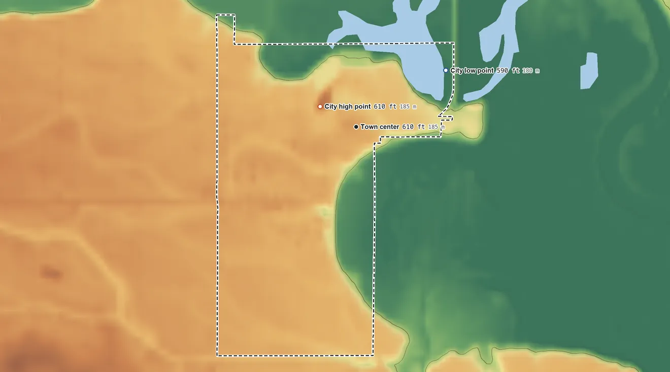 Topographic elevation map of McCausland, Iowa, shaded from 590 ft on the northeast side to 610 ft near the middle