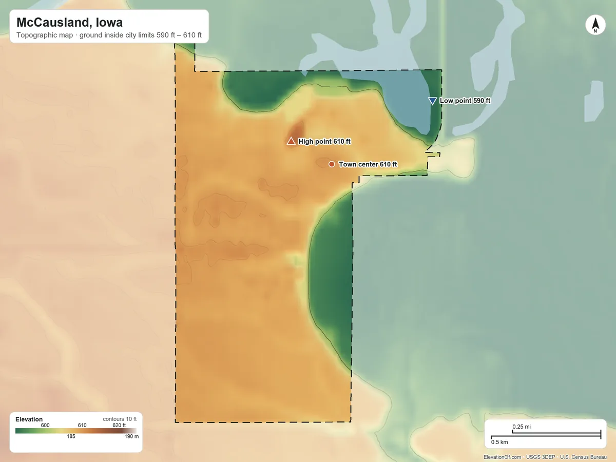 Topographic elevation map of McCausland, Iowa, shaded from 590 ft on the northeast side to 610 ft near the middle