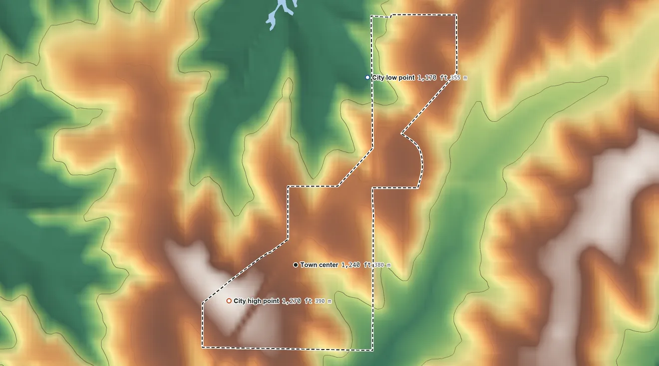 Topographic elevation map of McClelland, Iowa, shaded from 1,170 ft on the north side to 1,270 ft on the southwest side