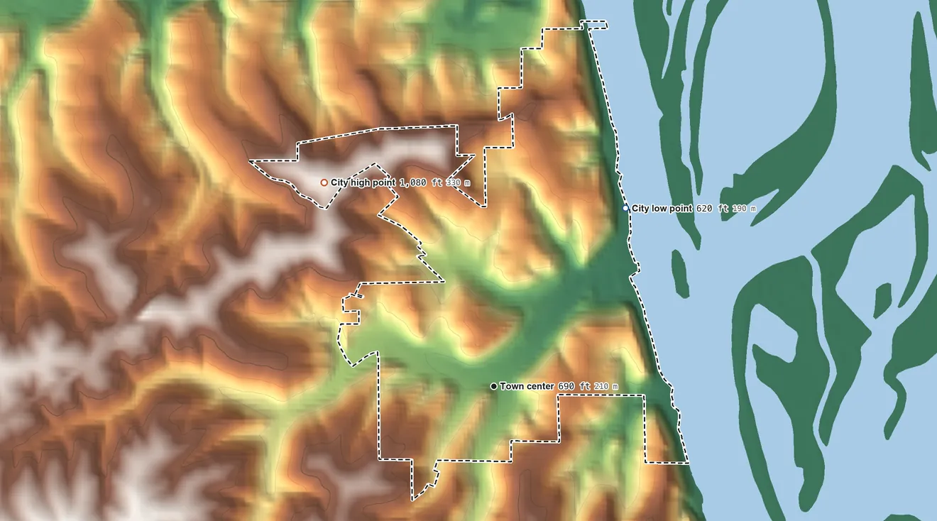Topographic elevation map of McGregor, Iowa, shaded from 620 ft on the northeast side to 1,080 ft on the northwest side