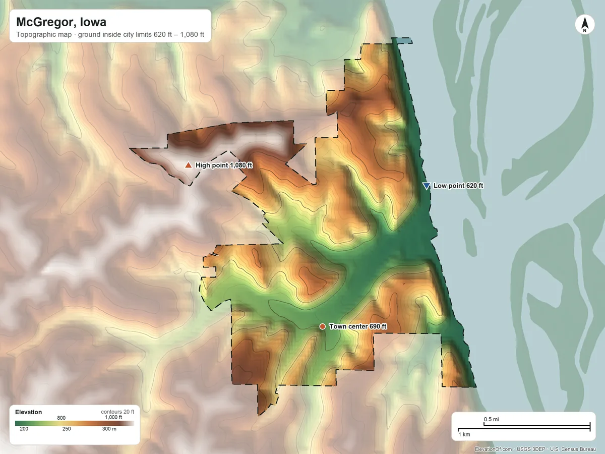 Topographic elevation map of McGregor, Iowa, shaded from 620 ft on the northeast side to 1,080 ft on the northwest side