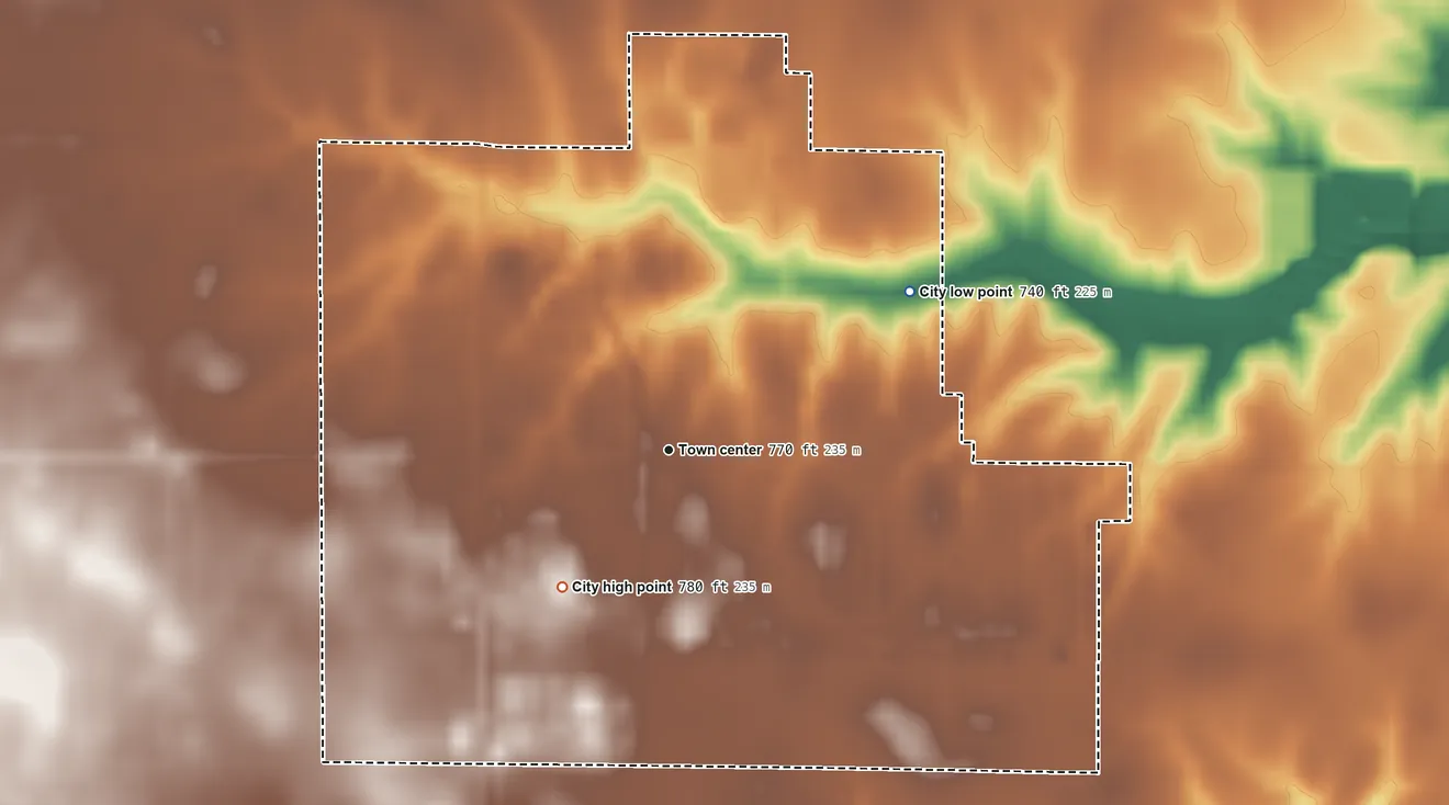 Topographic elevation map of Mediapolis, Iowa, shaded from 740 ft on the northeast side to 780 ft on the southwest side