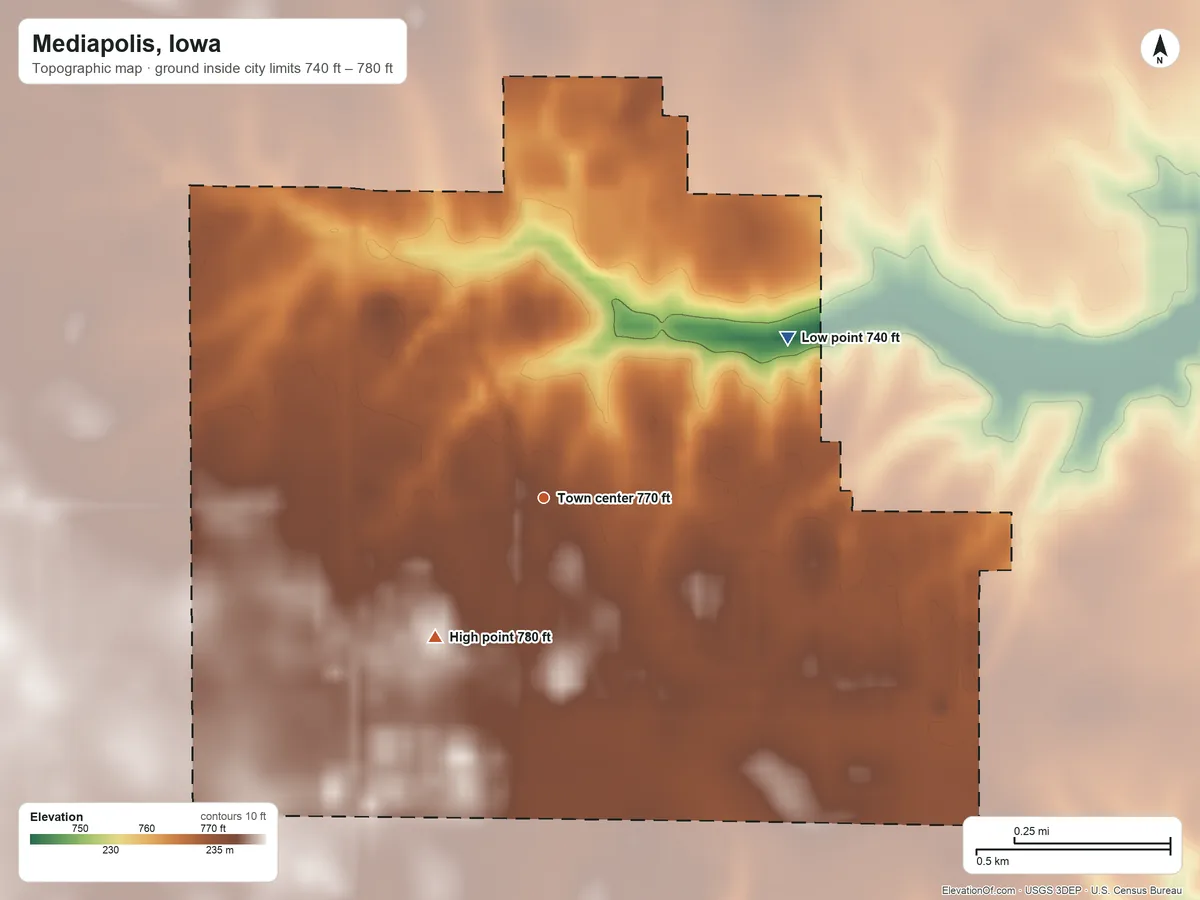 Topographic elevation map of Mediapolis, Iowa, shaded from 740 ft on the northeast side to 780 ft on the southwest side