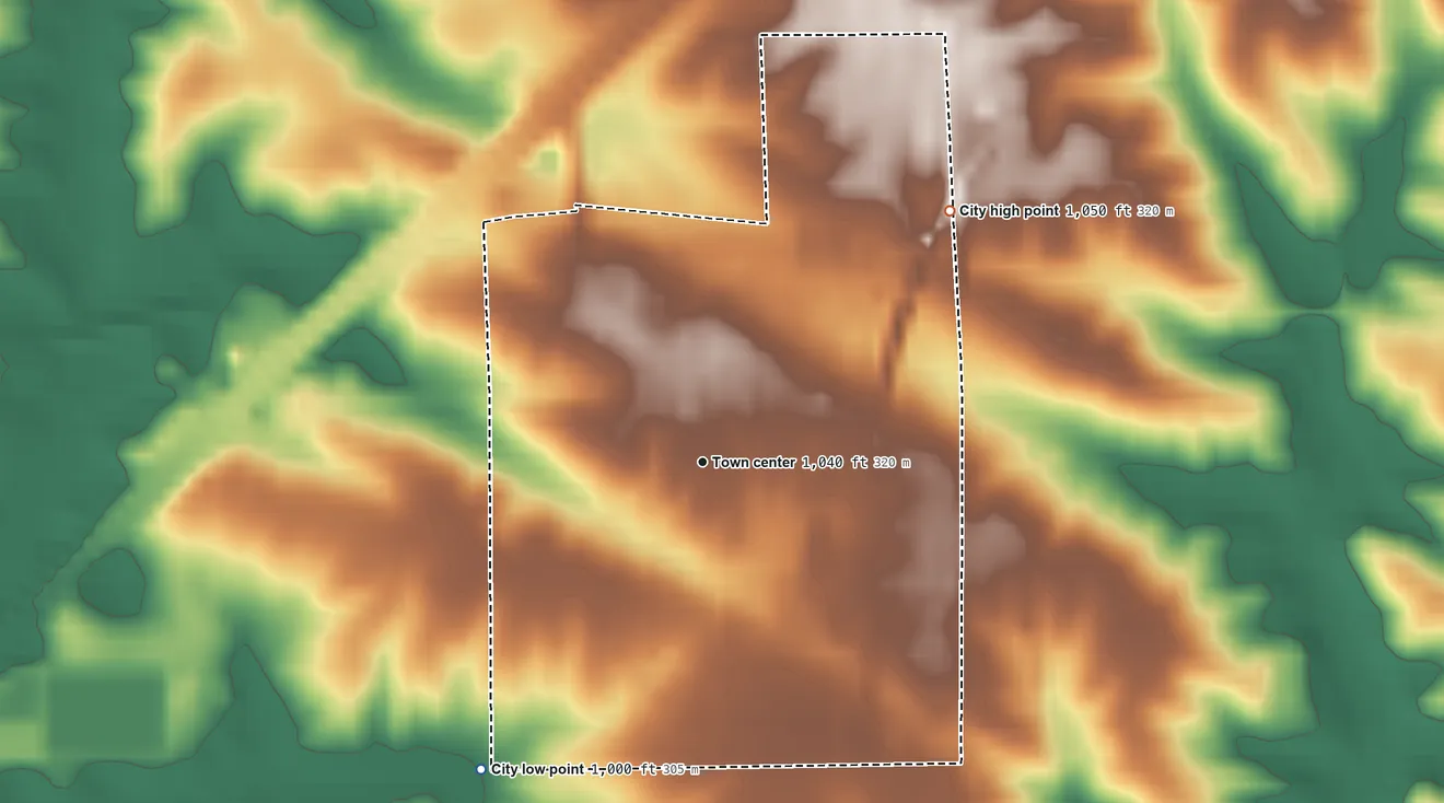Topographic elevation map of Melbourne, Iowa, shaded from 1,000 ft on the southwest side to 1,050 ft on the northeast side