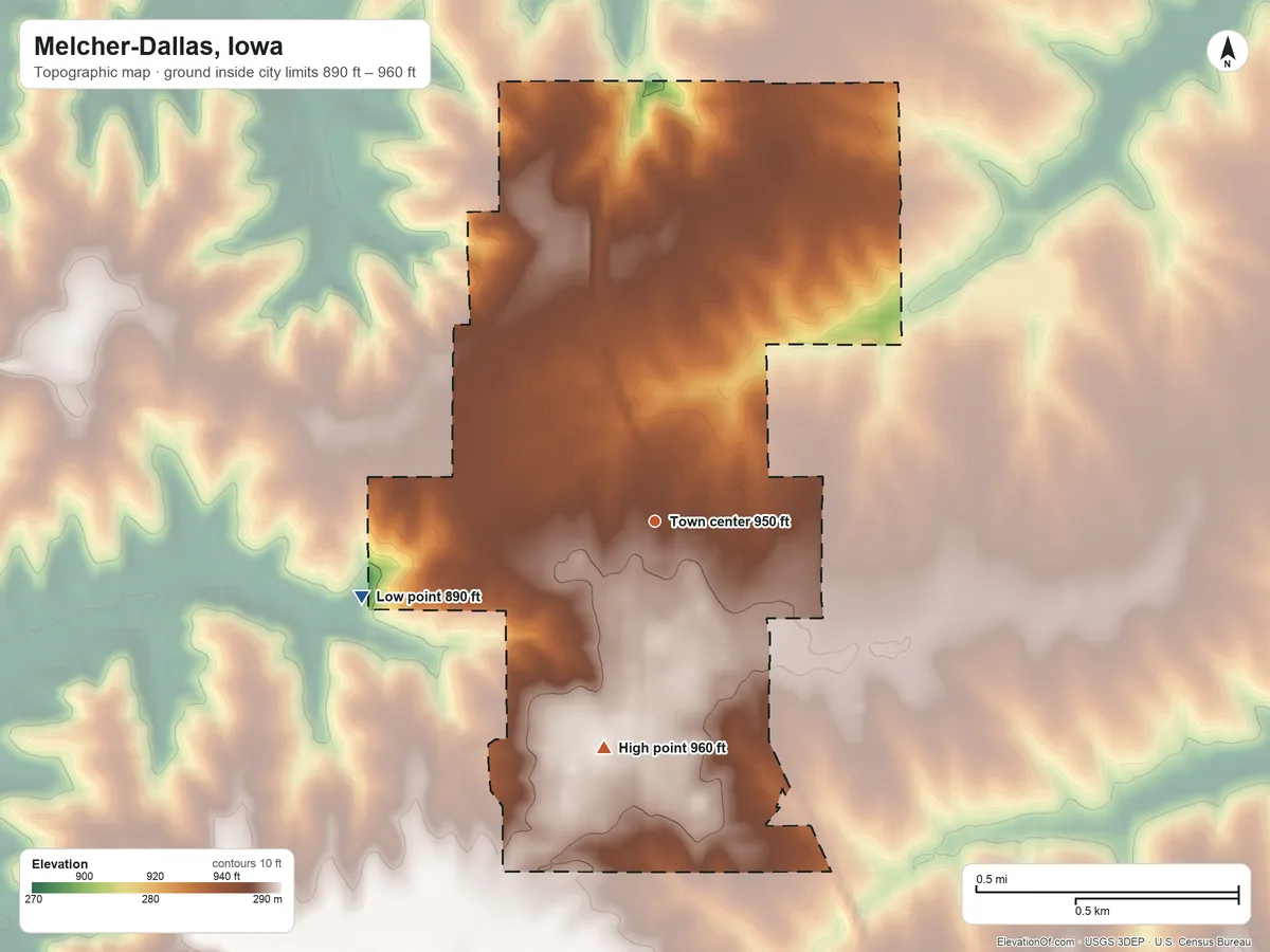 Topographic elevation map of Melcher-Dallas, Iowa, shaded from 890 ft on the west side to 960 ft on the south side