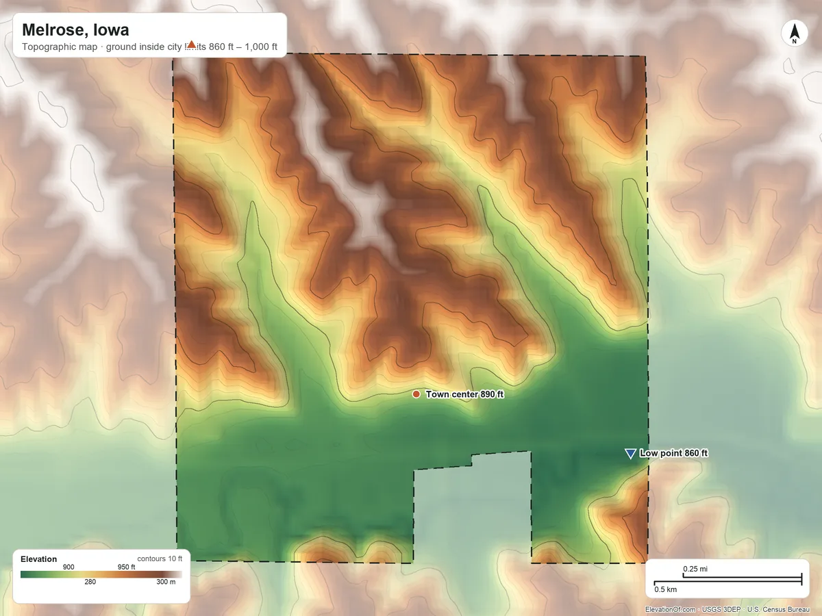 Topographic elevation map of Melrose, Iowa, shaded from 860 ft on the east side to 1,000 ft on the northwest side