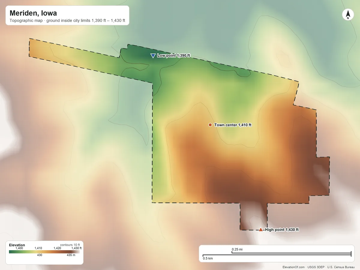 Topographic elevation map of Meriden, Iowa, shaded from 1,390 ft on the northwest side to 1,430 ft on the southeast side