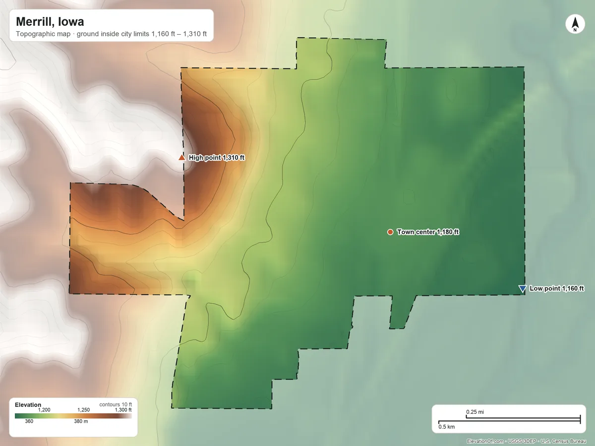 Topographic elevation map of Merrill, Iowa, shaded from 1,160 ft on the southeast side to 1,310 ft on the west side