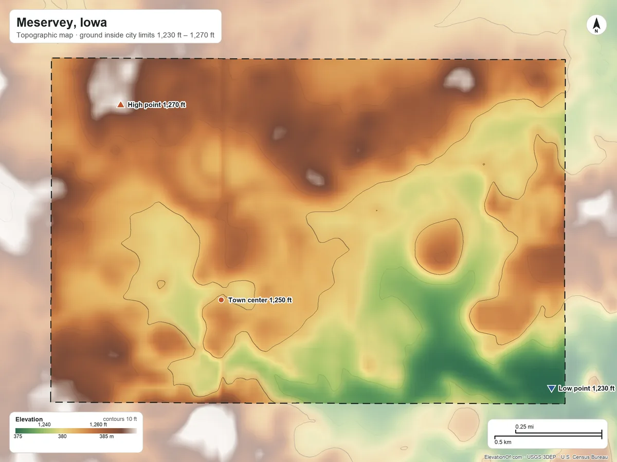 Topographic elevation map of Meservey, Iowa, shaded from 1,230 ft on the east side to 1,270 ft on the northwest side