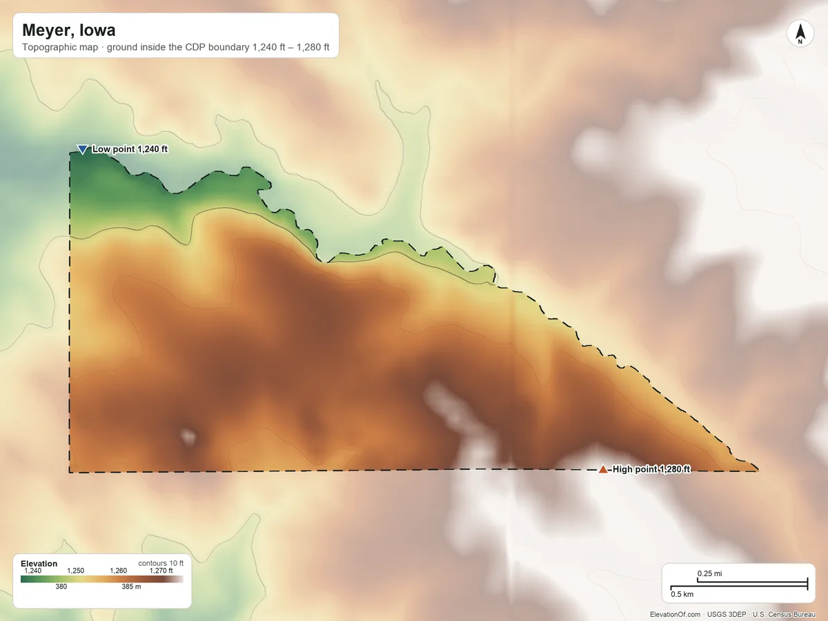 Topographic elevation map of Meyer, Iowa, shaded from 1,240 ft on the northwest side to 1,280 ft on the east side