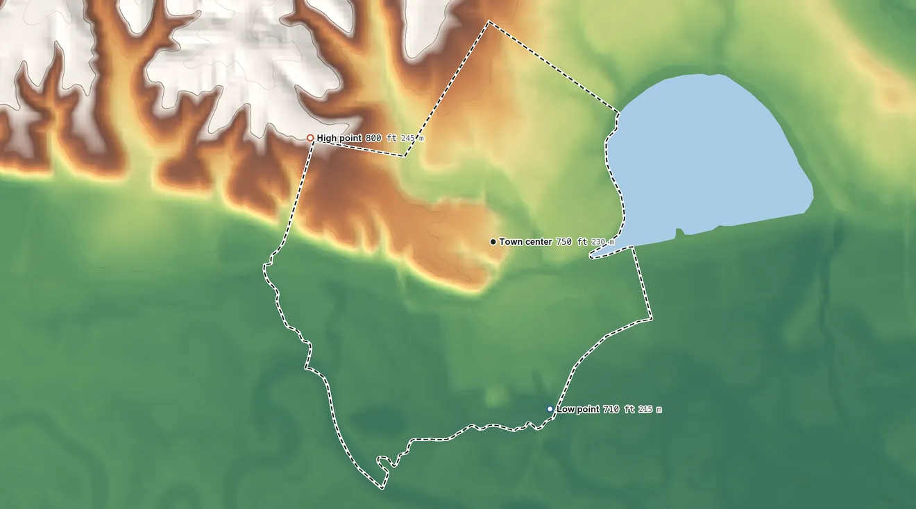 Topographic elevation map of Middle Amana, Iowa, shaded from 710 ft on the south side to 800 ft on the northwest side