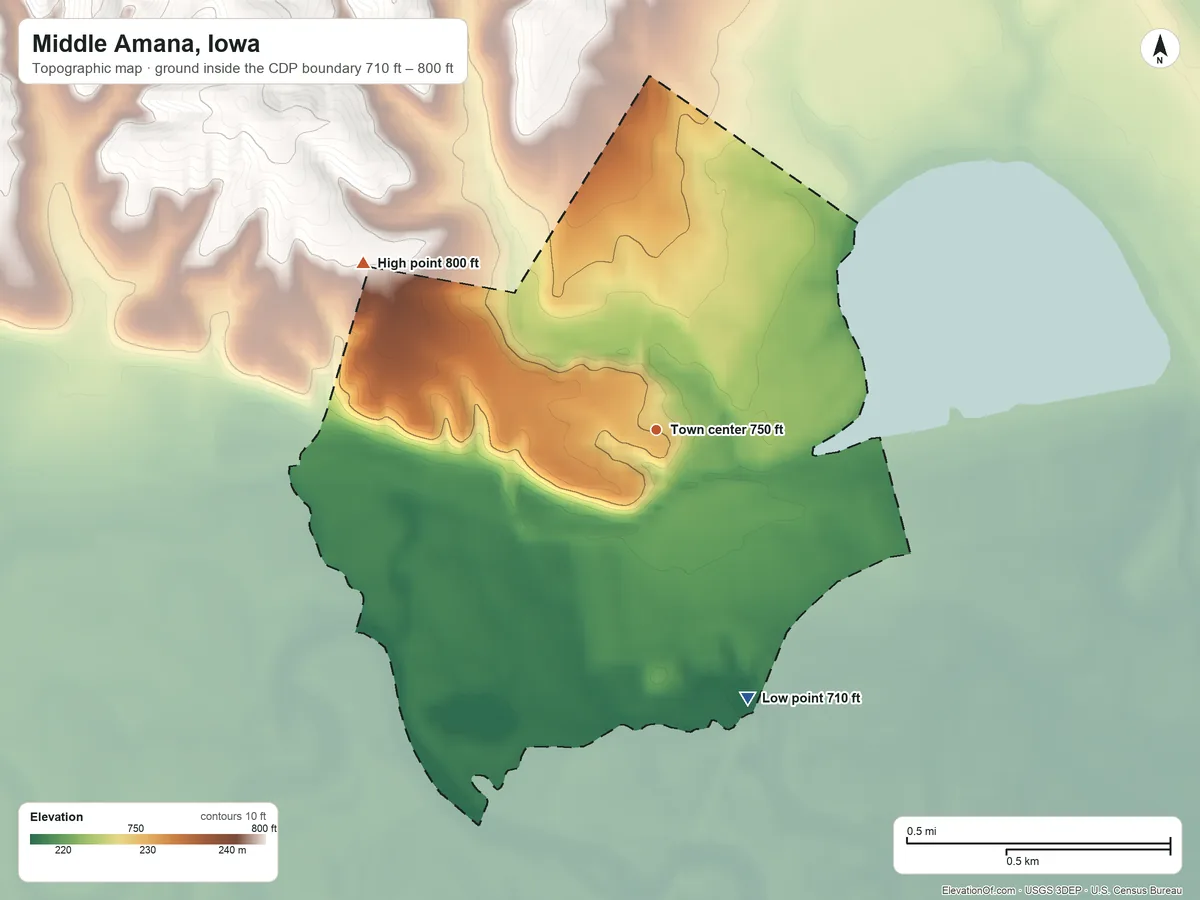 Topographic elevation map of Middle Amana, Iowa, shaded from 710 ft on the south side to 800 ft on the northwest side