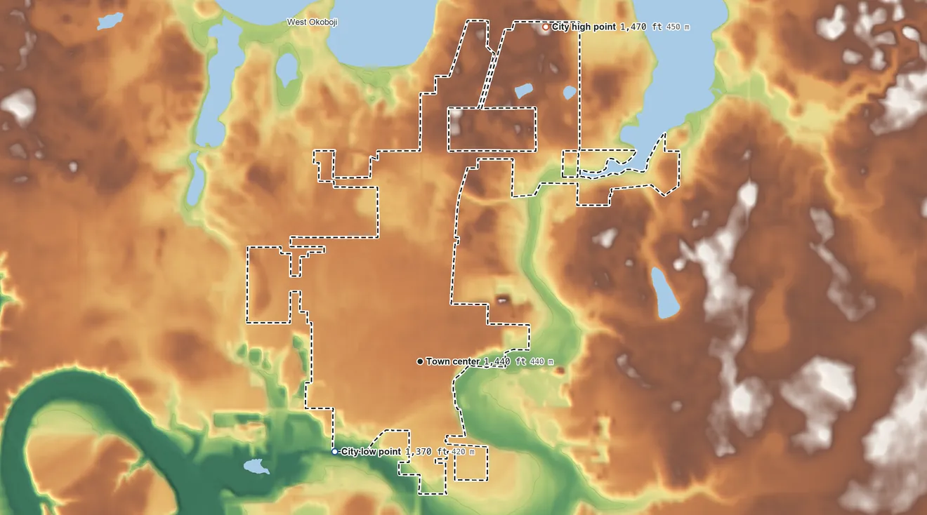 Topographic elevation map of Milford, Iowa, shaded from 1,370 ft on the southwest side to 1,470 ft on the north side