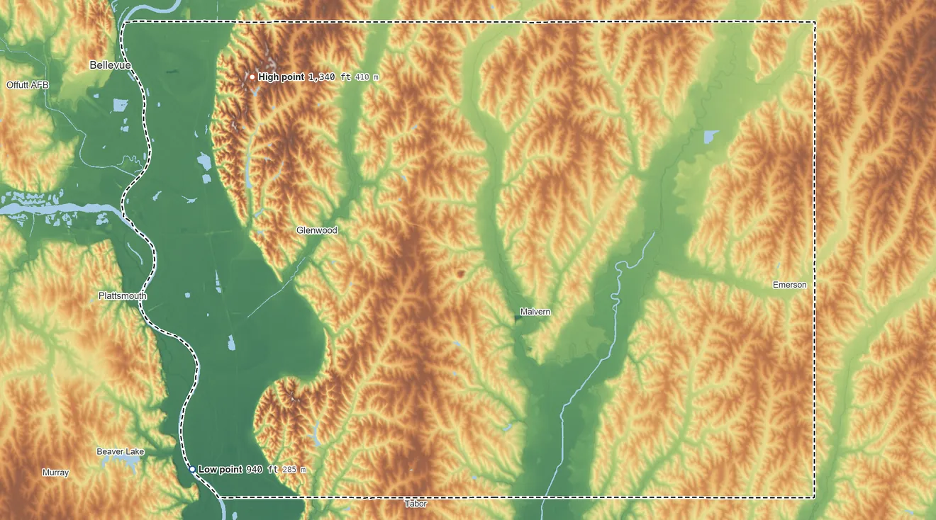 Topographic elevation map of Mills County, Iowa, shaded from 940 ft on the southwest side to 1,340 ft on the northwest side