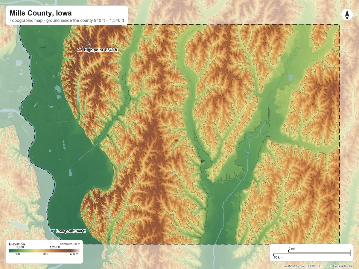 Topographic elevation map of Mills County, Iowa, shaded from 940 ft on the southwest side to 1,340 ft on the northwest side