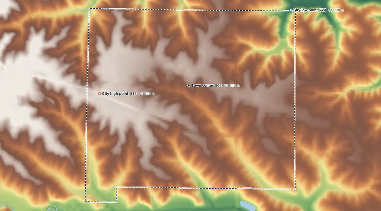 Topographic elevation map of Milton, Iowa, shaded from 720 ft on the northeast side to 810 ft on the west side