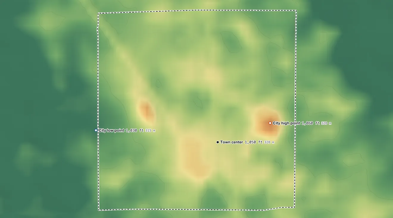Topographic elevation map of Minburn, Iowa, shaded from 1,030 ft on the west side to 1,060 ft on the east side