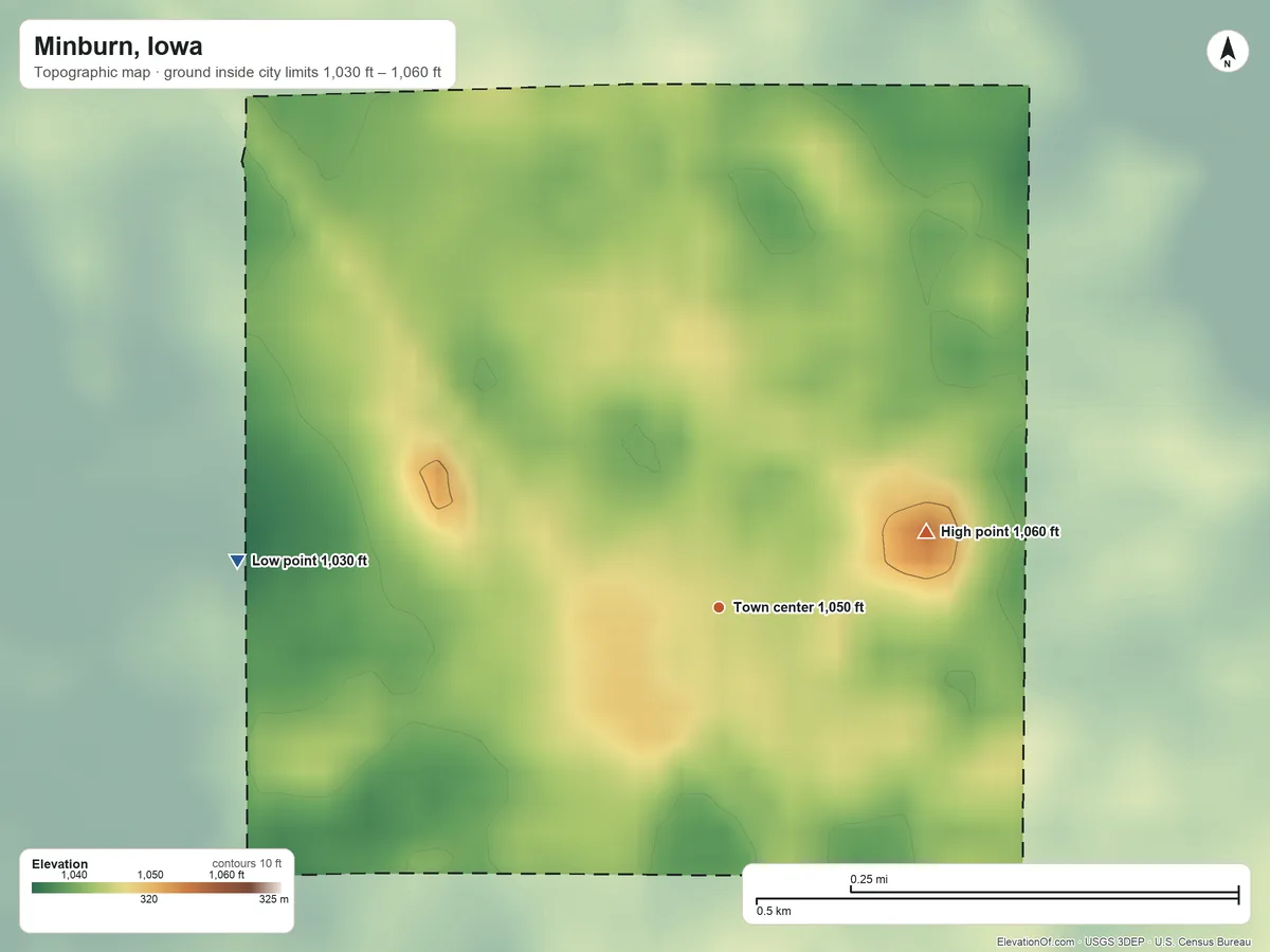 Topographic elevation map of Minburn, Iowa, shaded from 1,030 ft on the west side to 1,060 ft on the east side