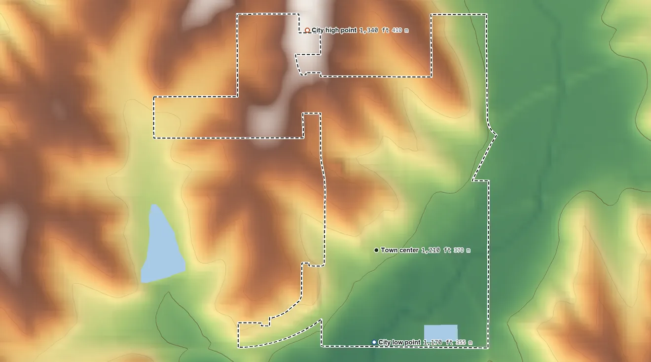 Topographic elevation map of Minden, Iowa, shaded from 1,170 ft on the south side to 1,340 ft on the north side