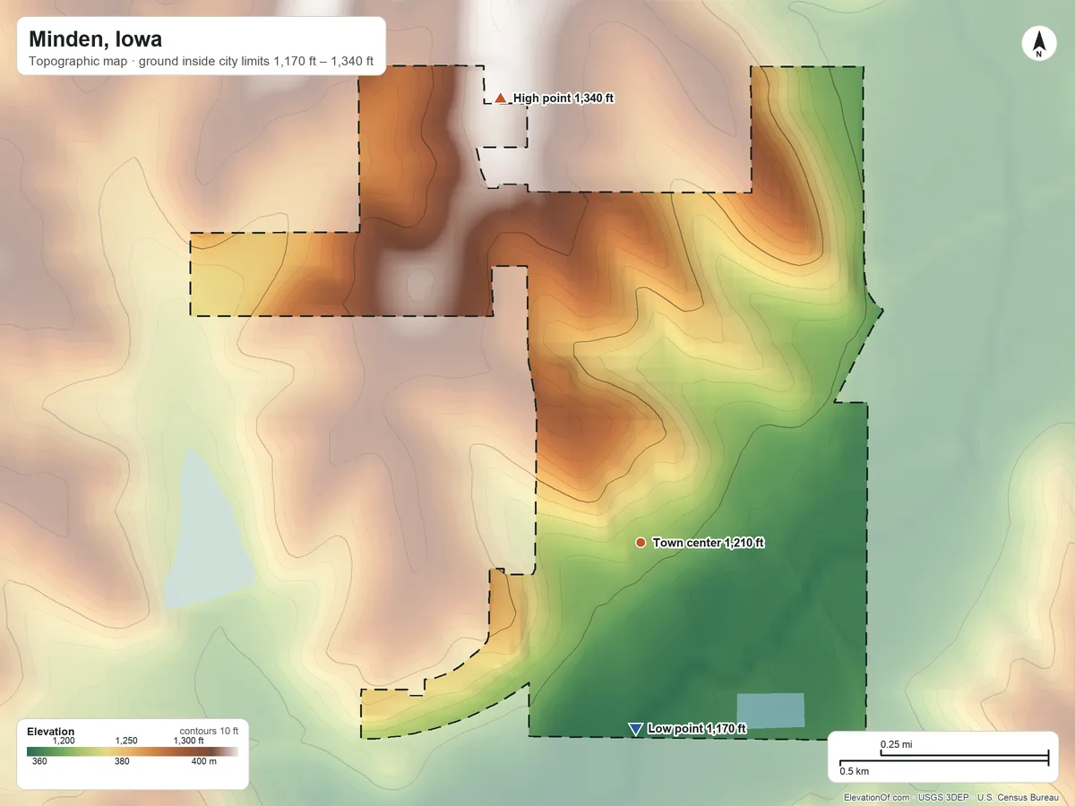 Topographic elevation map of Minden, Iowa, shaded from 1,170 ft on the south side to 1,340 ft on the north side