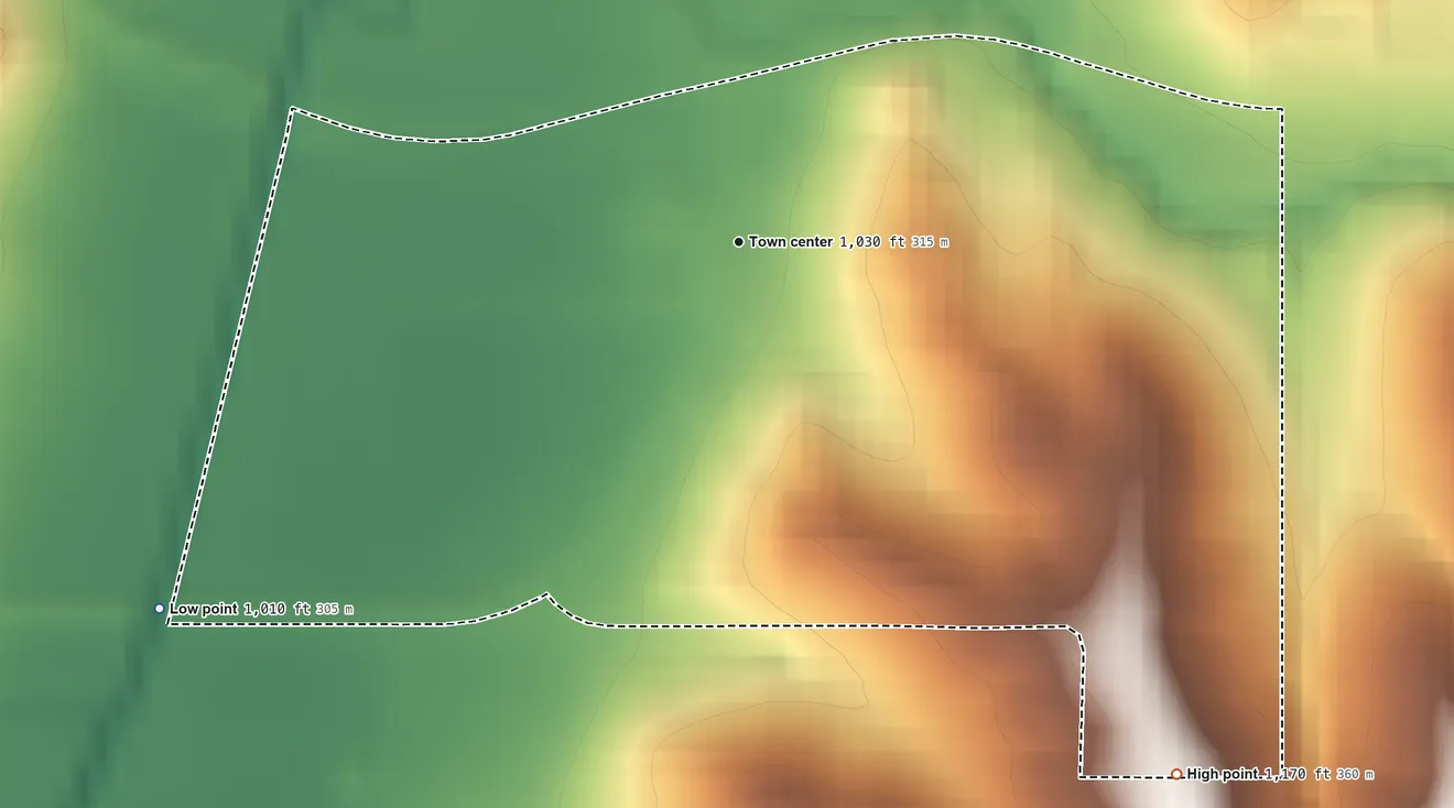 Topographic elevation map of Mineola, Iowa, shaded from 1,010 ft on the southwest side to 1,170 ft on the southeast side