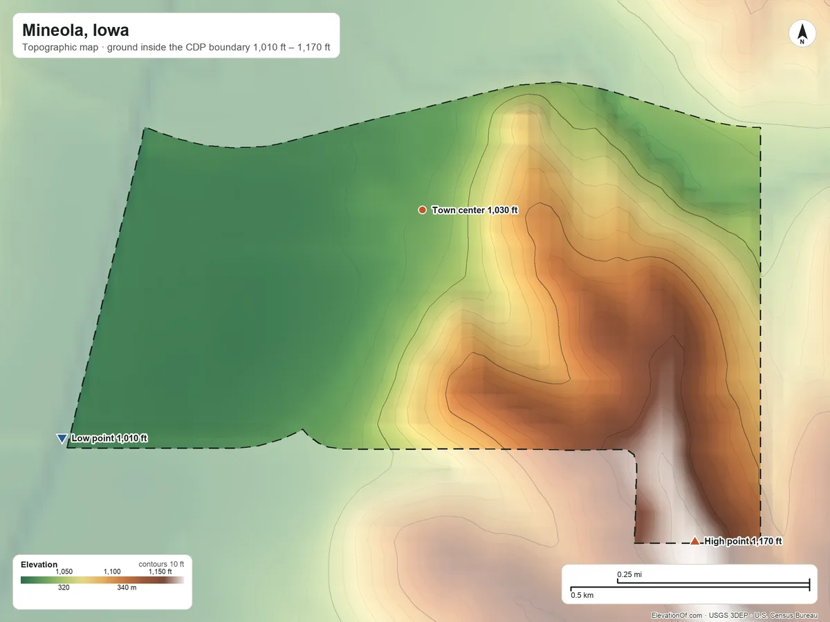 Topographic elevation map of Mineola, Iowa, shaded from 1,010 ft on the southwest side to 1,170 ft on the southeast side