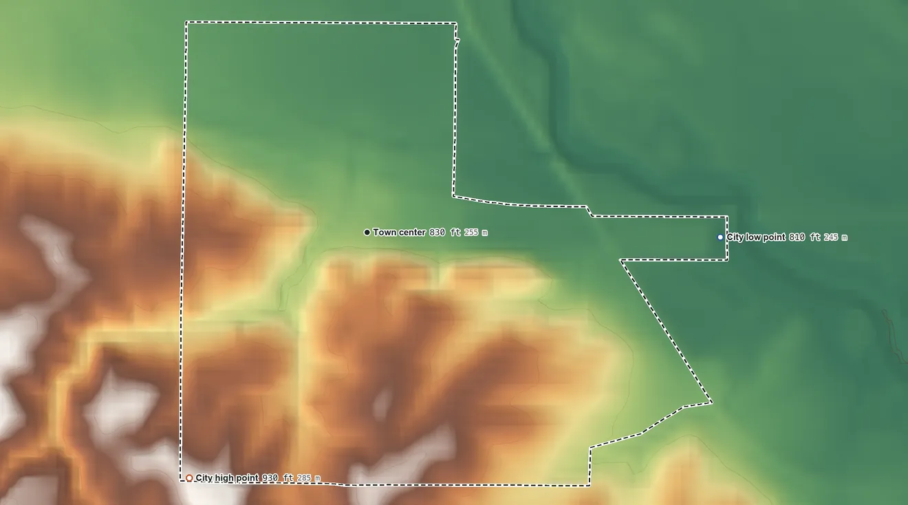 Topographic elevation map of Mingo, Iowa, shaded from 810 ft on the east side to 930 ft on the southwest side